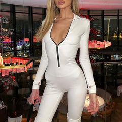 Women's Solid Long Sleeve Zipper Jumpsuit for Fitness and Parties