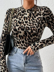 Women's Leopard Print Long Sleeve Bodysuit with Stand Collar