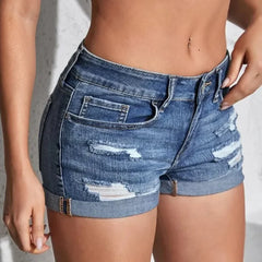 Women's Light Blue Split Denim Shorts for Summer Beach Fashion