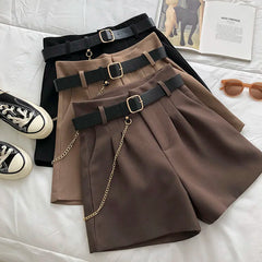 Women's Casual Elegant Woolen Shorts with Belt in Autumn Style