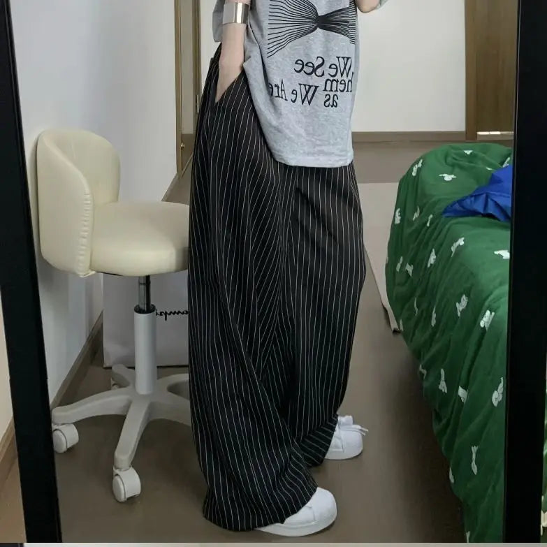 Women's Casual Striped High Waist Wide Leg Patchwork Pants