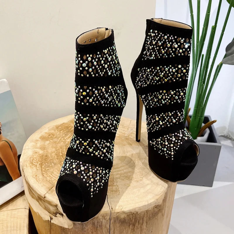 Bottines à bout ouvert en maille strass pour femmes avec talons hauts 