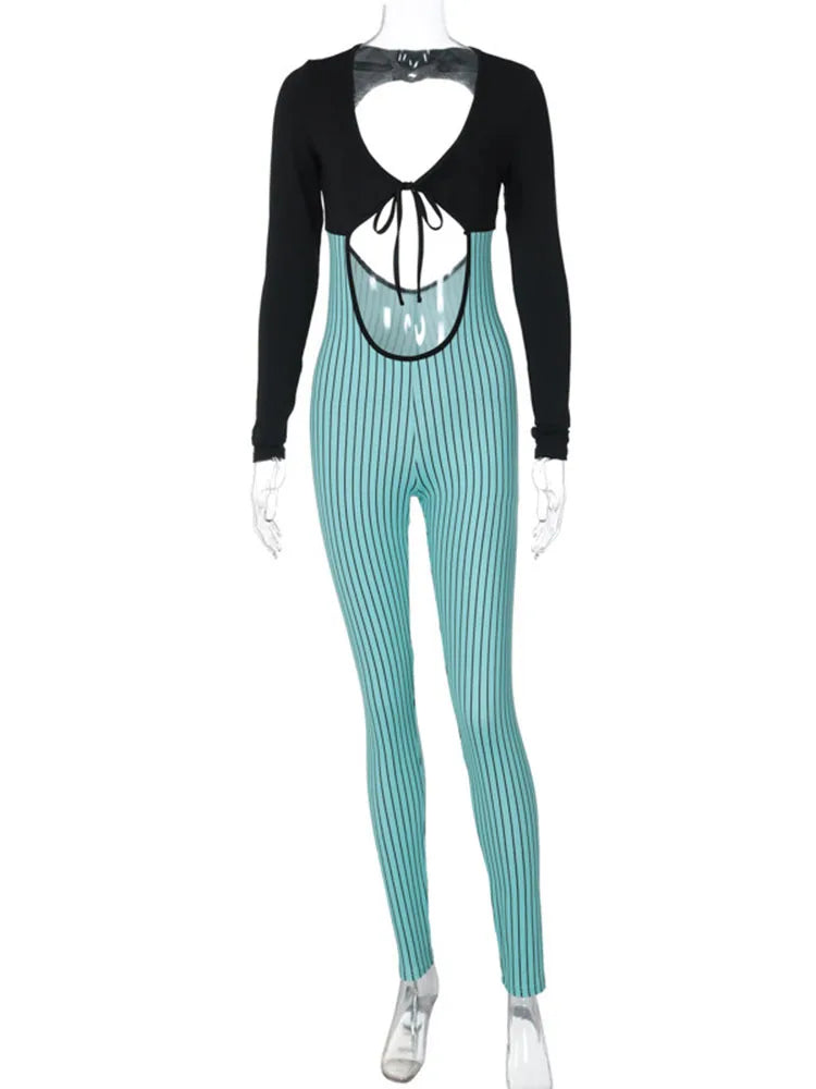 Hollow Out V Neck Long Sleeve Stripe Printed Sports Jumpsuit