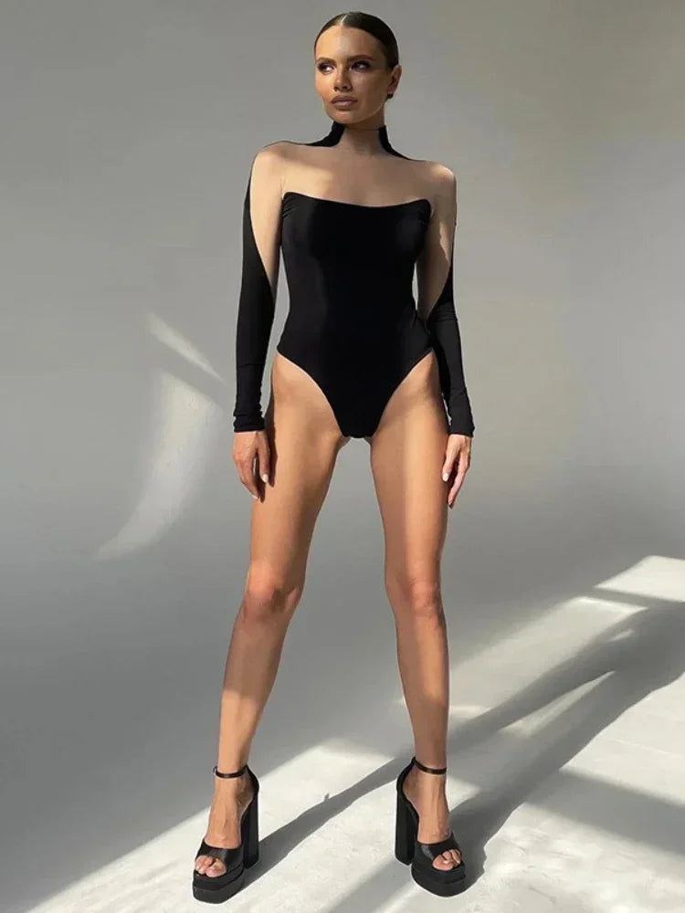 Women’s Transparent Long Sleeve Turtleneck Mesh Bodysuit for Festivals