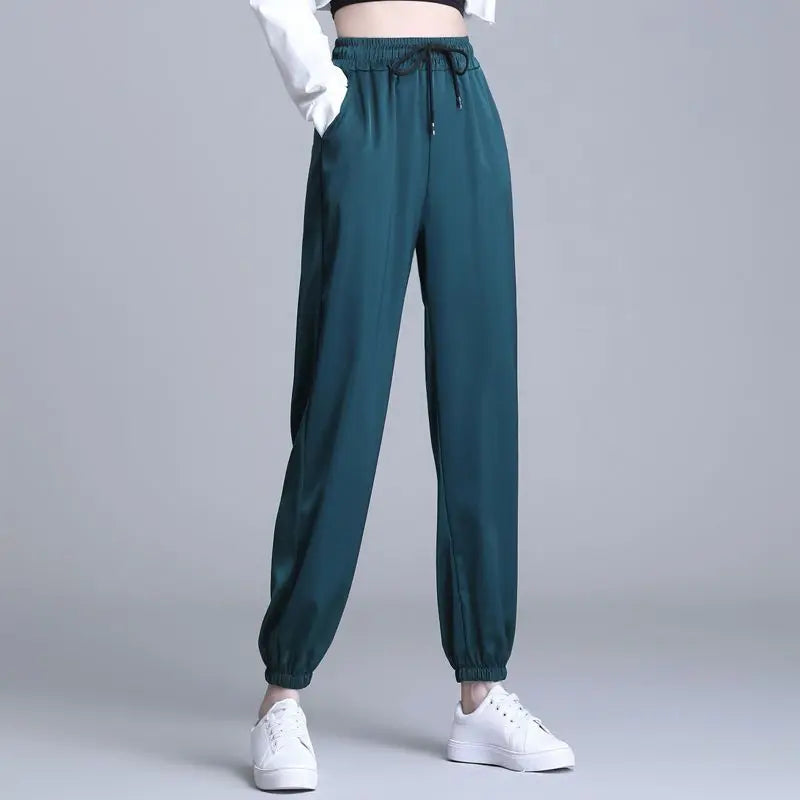 Ice Silk Satin Loose Sports Pants for Women with Pockets and Drawstring