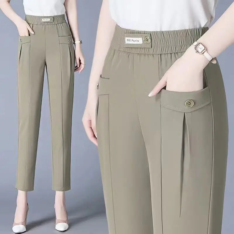 Pantalon Harlen élastique taille haute coréen pour femme avec poches