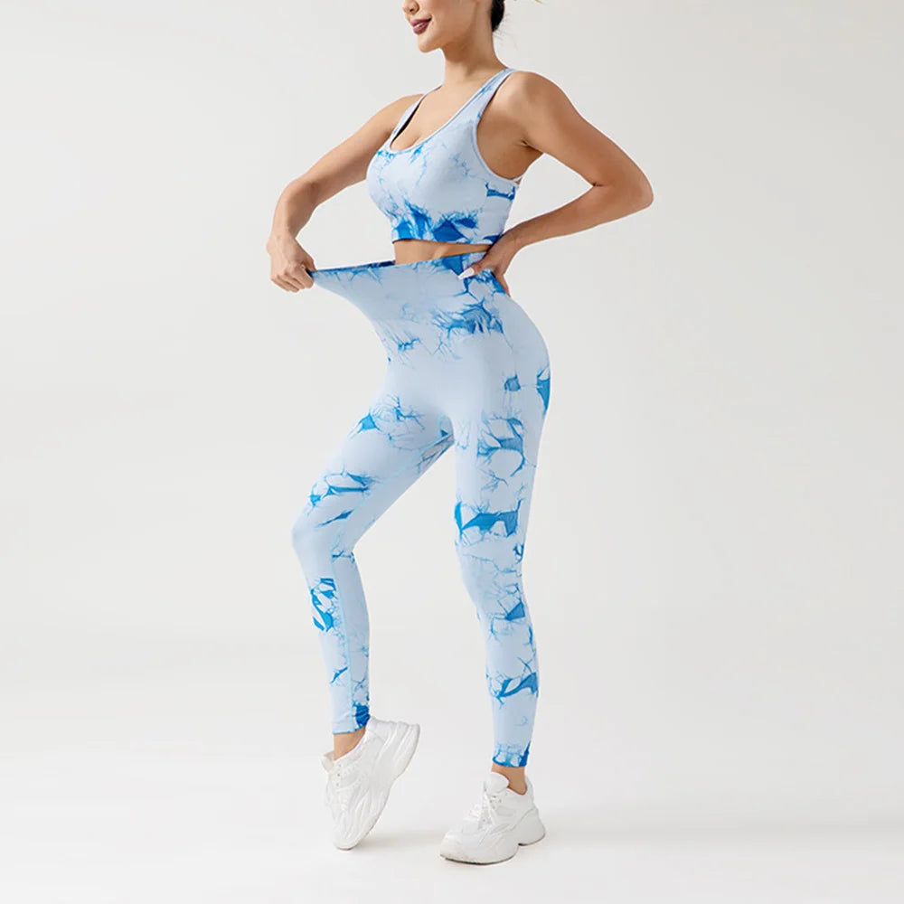 Ensemble de yoga sans coutures tie dye pêche avec pantalon rehaussant les hanches et soutien-gorge