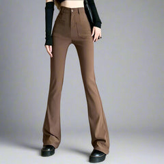 Coffee Colored High Waist Micro Flared Pants with Double Pockets