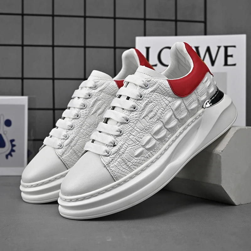 Baskets de luxe blanches effet cuir pour homme – Baskets tendance à semelle épaisse 