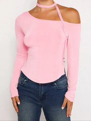 Inclined Collar Pink Long Sleeve Aesthetic Tee for Women