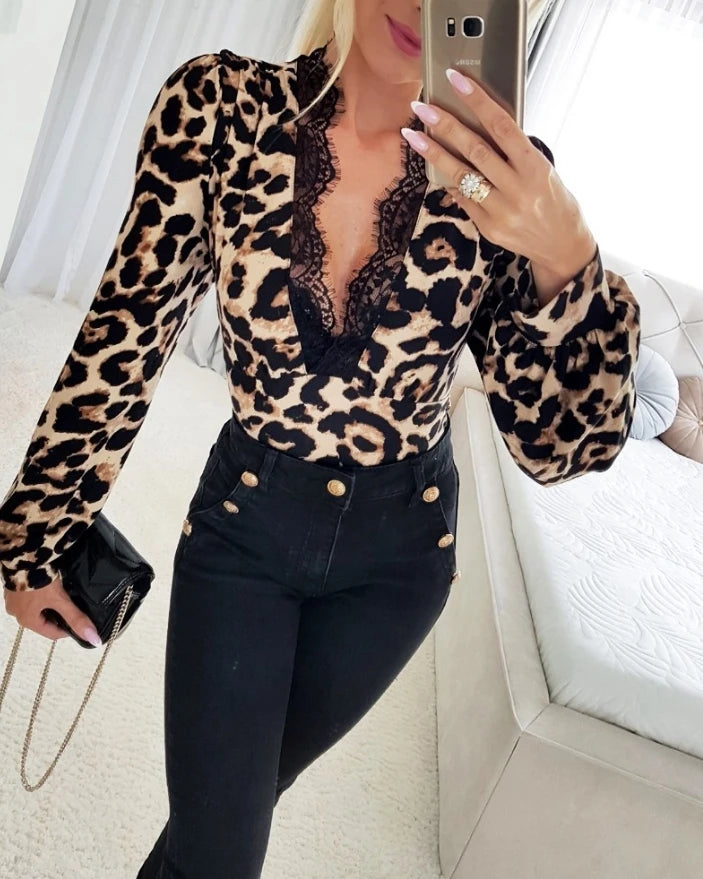 Elegant Leopard Print Plunge Lace Slim Fit Long Sleeve Top