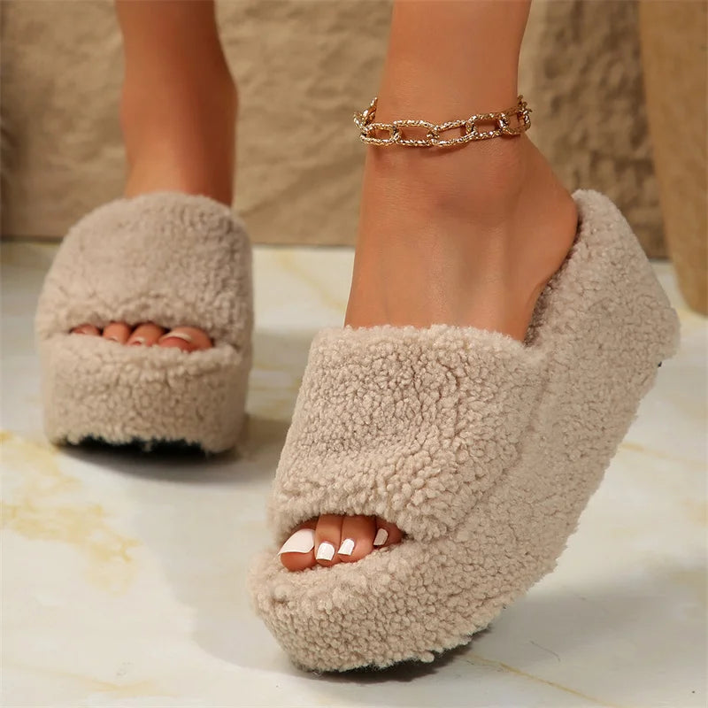 Winter Fluffy Wedge Slippers for Women In Beige