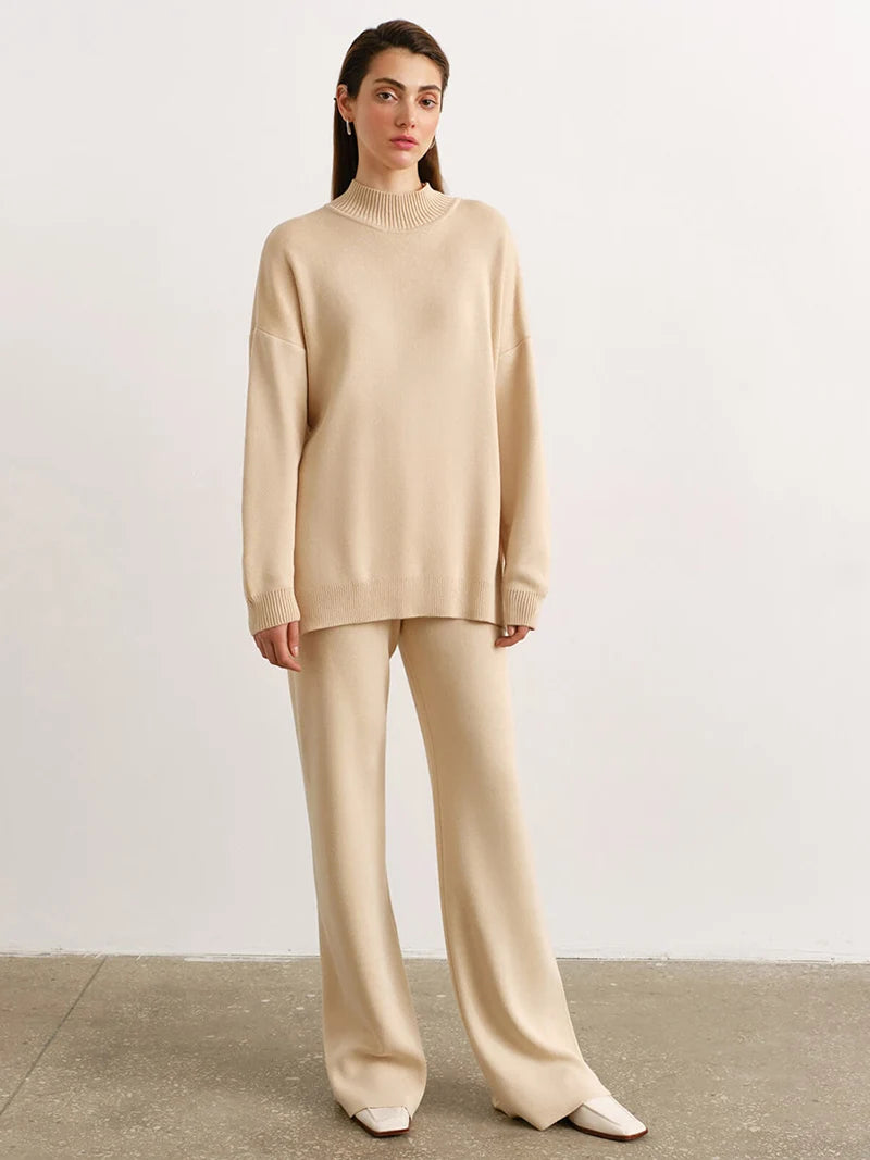 Ensemble pull à col roulé et pantalon tricoté pour femme 