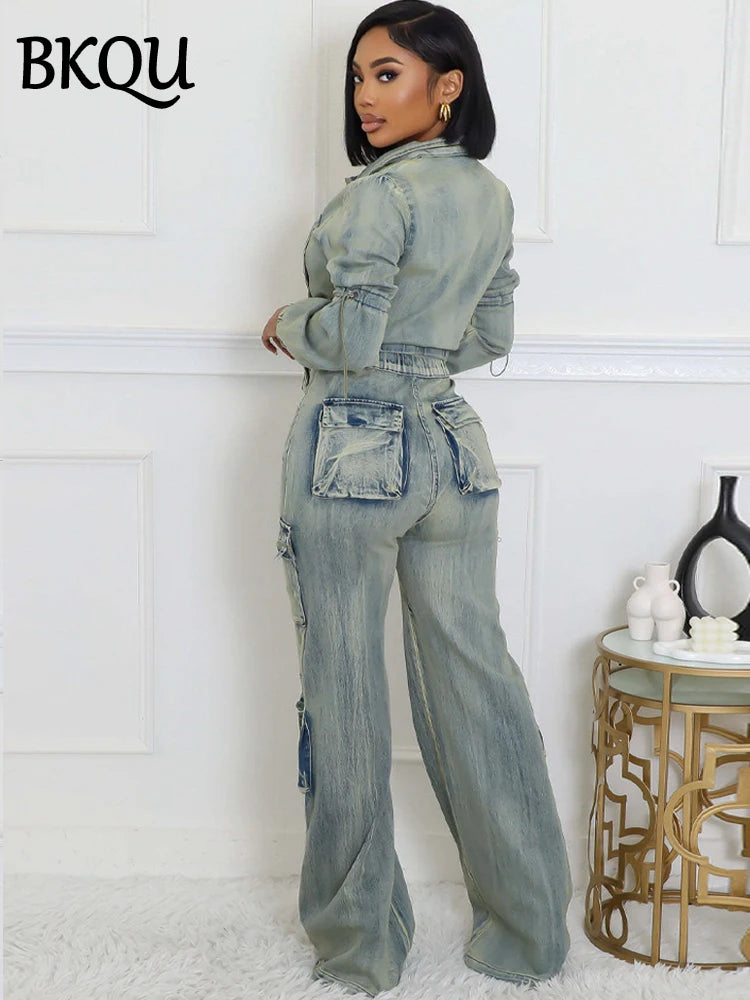 Women's Cargo Denim Two Piece Set with Zipper Jacket and Straight Jeans