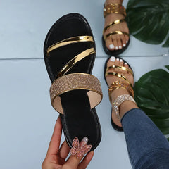 Women's Gold Silver Patent Leather Flat Heel Sandals with Rhinestones