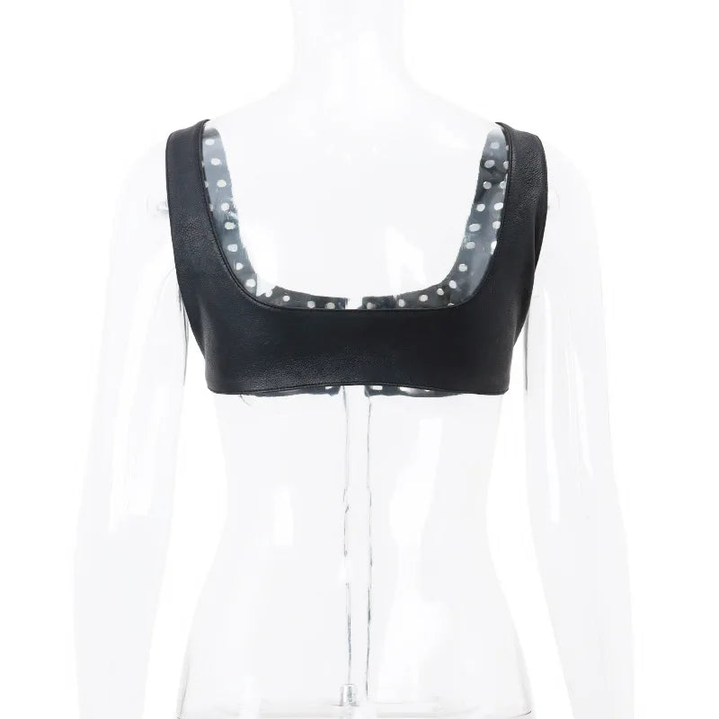 PU Leather Lace Up Sleeveless Crop Top for Rave, Festival, Punk Streetwear