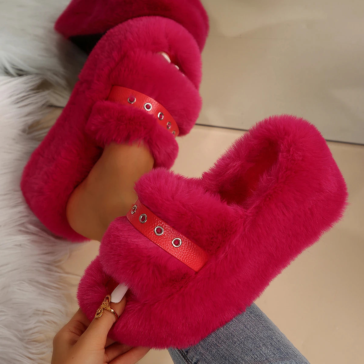 Winter Red Fluffy Wedge Slippers for Women with Cozy Comfort