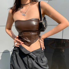 Women's Solid Black Strapless PU Leather Crop Top Vest