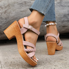 Ankle Strap Chunky Heeled Sandals for Women in Black Weaving Style