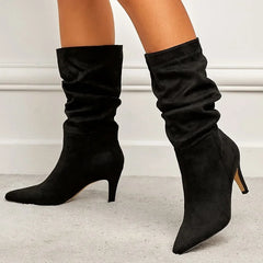 Vintage Pleated Pointed Toe Mid-Calf Ankle Boots for Women