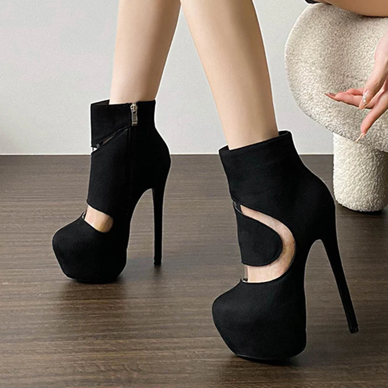 Women's Black High Heels Ankle Boots with Round Toe and Zip Closure