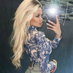 Shestyle Mesh Cloud Print Sheer Long Sleeve Bodysuit