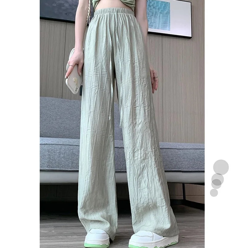 Trendy Pleated Ice Silk Wide Leg Pants for Women Casual Trousers