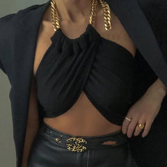 Chic Halter Chain Crop Top for Women - Backless, Black Wrap, Streetwear