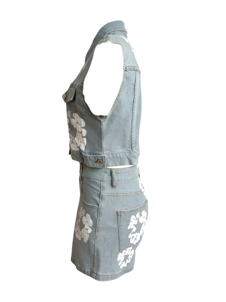 Floral Printed Sleeveless Crop Top and Shorts Denim Set for Women