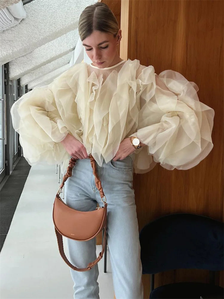 legant High Waist Ruffled Blouse – Long Sleeve Chic Streetwear Top