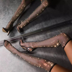 Bottes à talons hauts en résille à strass pour femmes, noires, au-dessus du genou 