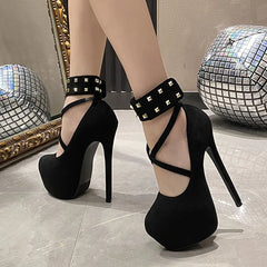 Solid Black Round Toe Metal Rivet Ankle Strap High Heels for Women