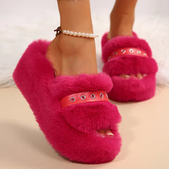 Winter Red Fluffy Wedge Slippers for Women with Cozy Comfort