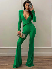 Deep V Neck Flared Jumpsuit For Women Long Sleeve Bodycon Romper