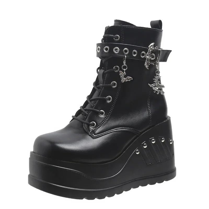 Women's Black Punk Goth Platform Wedge Boots Casual Heels