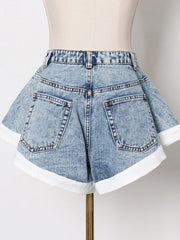 High Waist Solid Patchwork Denim Shorts with Pockets for Women