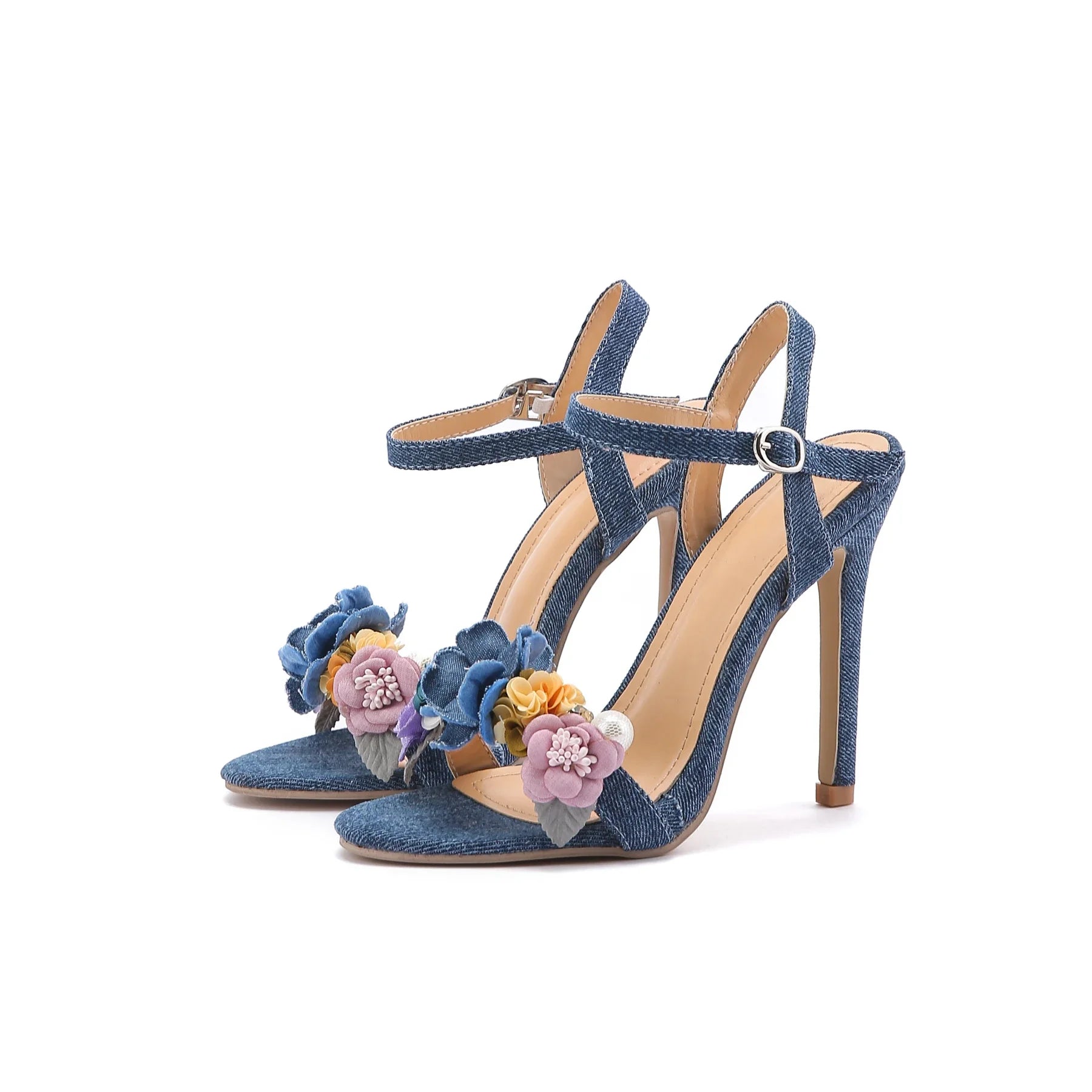 Women's Blue Pearl Flower Denim High Heel Sandals for Parties