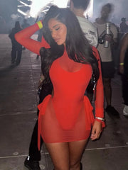 Women's Black Long Sleeve Backless Bandage Mesh Dress Set