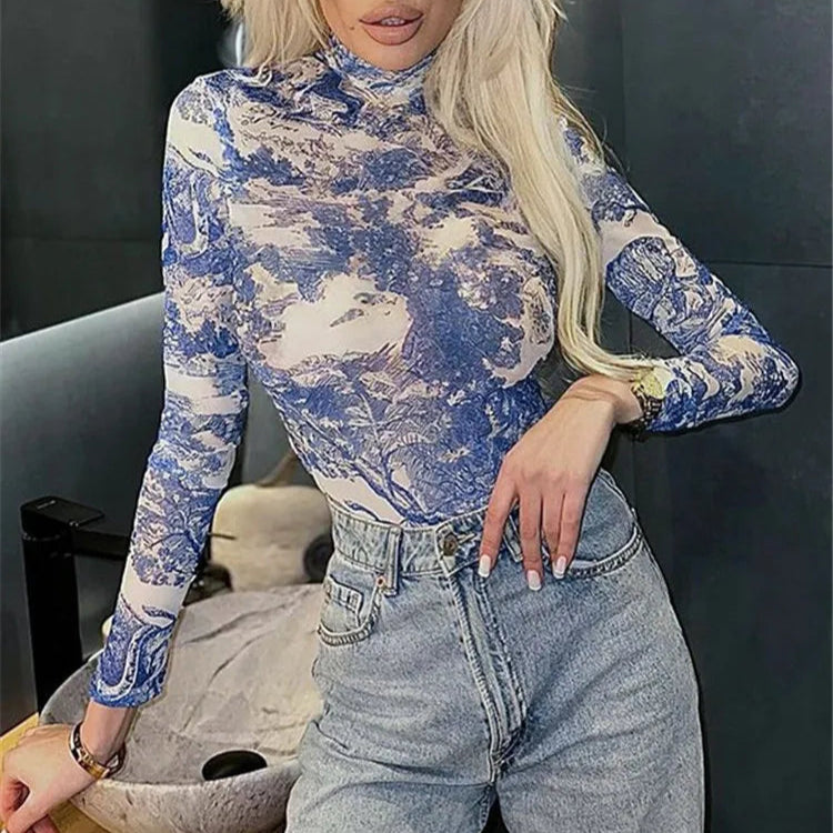 Shestyle Mesh Cloud Print Sheer Long Sleeve Bodysuit