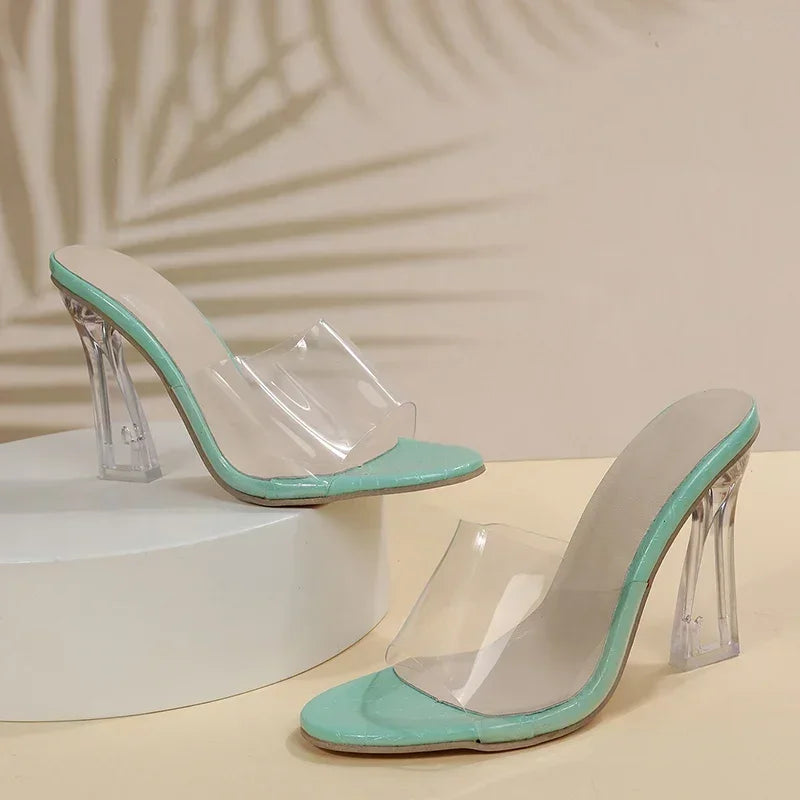 Chaussons en gelée transparents pour femmes, talons hauts ouverts à bout carré 