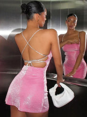 Pink Spaghetti Strap Lace-Up Mini Dress with Backless Design