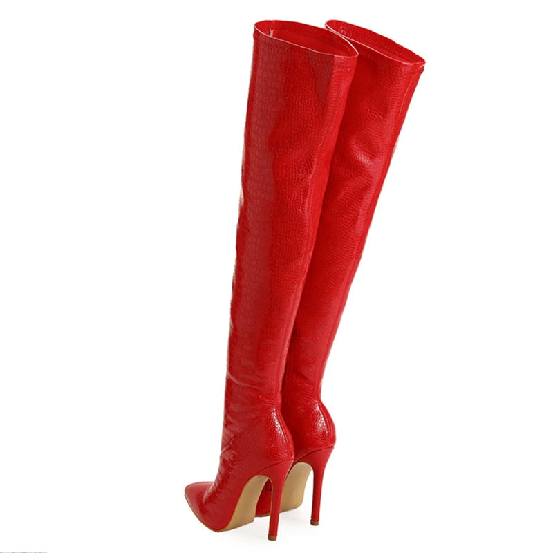 Red Thigh High Pointed Toe Over The Knee Boots for Women