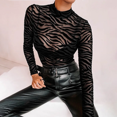 Women's Zebra Print Mesh Bodysuit – Long-Sleeve Sheer Chic Top