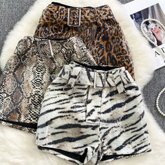 Winter Leopard Print High Waist Casual Wide Leg Thermal Shorts