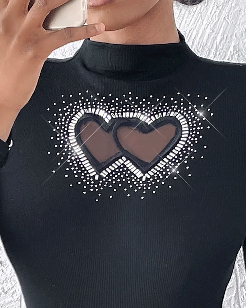 Rhinestone Heart Pattern Stand Collar Slim Fit Long Sleeve Tee