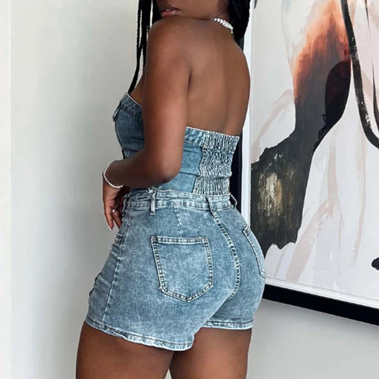 Ensemble short irrégulier en denim extensible et haut tube pour femme 