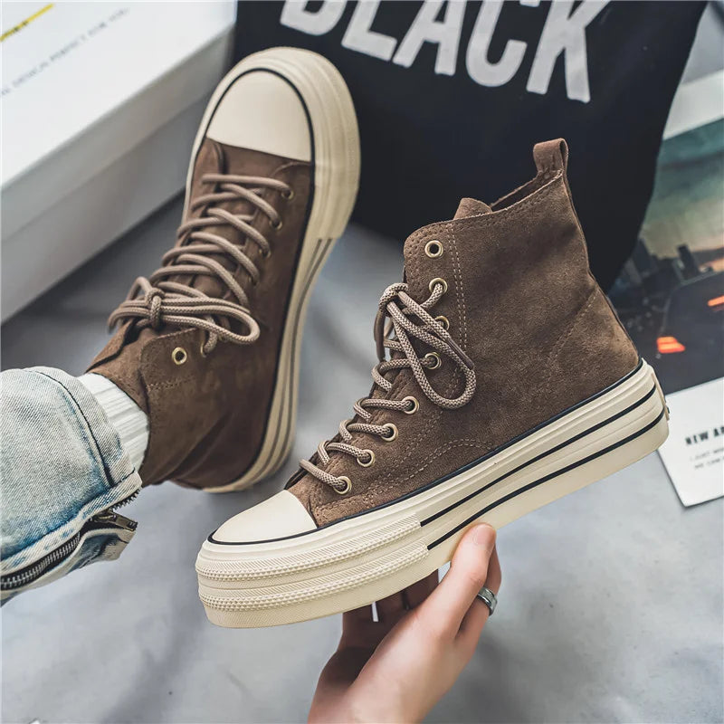 Unisex High-Top Platform Sneakers – Beige Canvas Thick-Sole Lace-Up Shoes