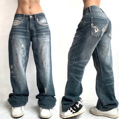 Women's Embroidered Baggy Jeans High Waist Wide Leg Pants