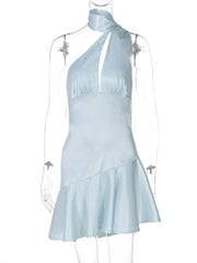 Women's Light Blue Satin Off-Shoulder Ruffle Evening Dress