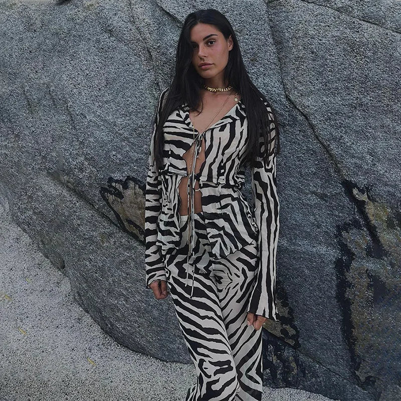 Animal Print Sheer Stripe Tie Front Top & Skirt Set